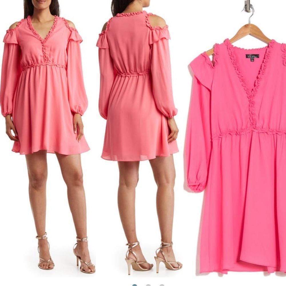 Nicole Miller Cold Shoulder Ruffle‎ Long Sleeve Pink Dress Size 12 New